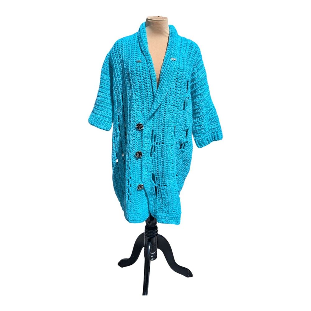 Handmade Crochet/Knit Dragonfly Cardigan Teal Blue Womens Size XL Cottage Core